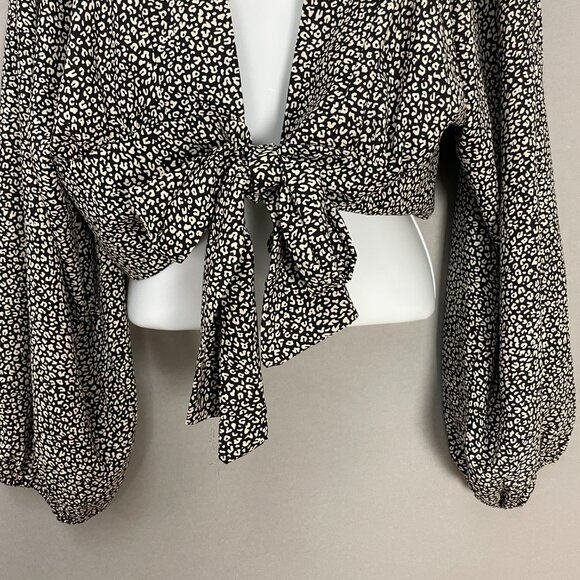 Princess Polly New Mood Top Tie Front Deep V Size 8 Animal Print Balloon Sleeve - Picture 8 of 13